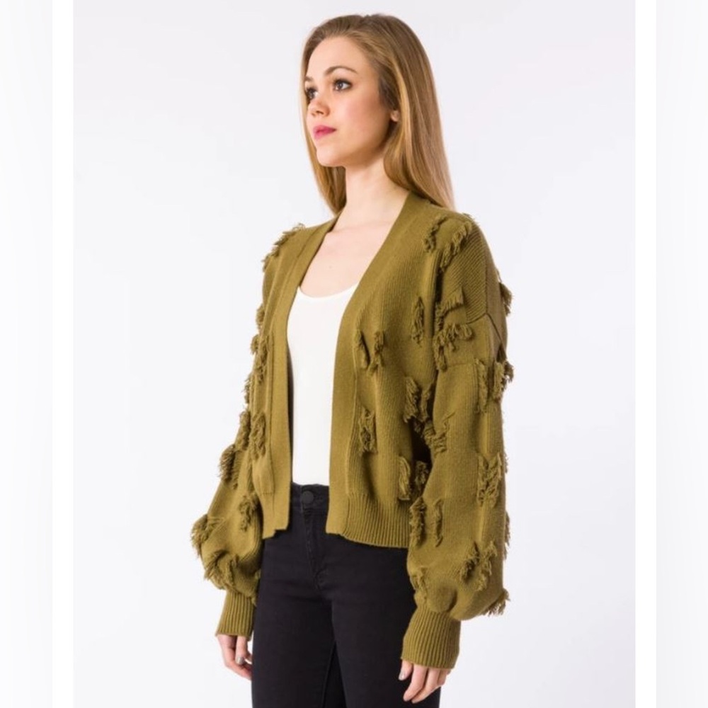 Kerisma CECE Open Cardigan Olive Green Fringe Sweater M/L